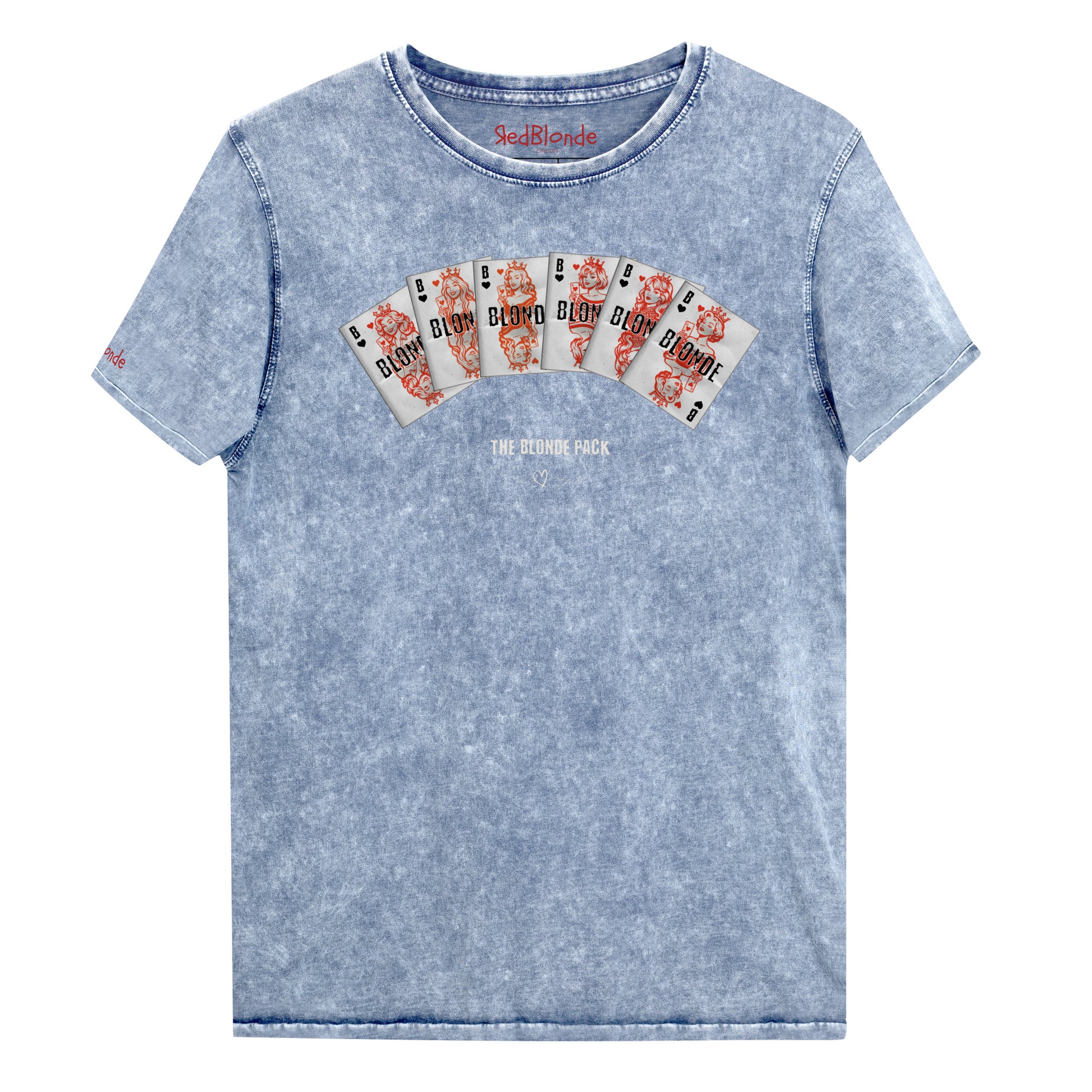 Unisex blue acid denim wash tshirt featuring a bold graphic of Queen playing cards spread across the chest, each card with a famous blonde. Below the cards, the text reads “THE BLONDE PACK” with the RedBlonde signature logo.