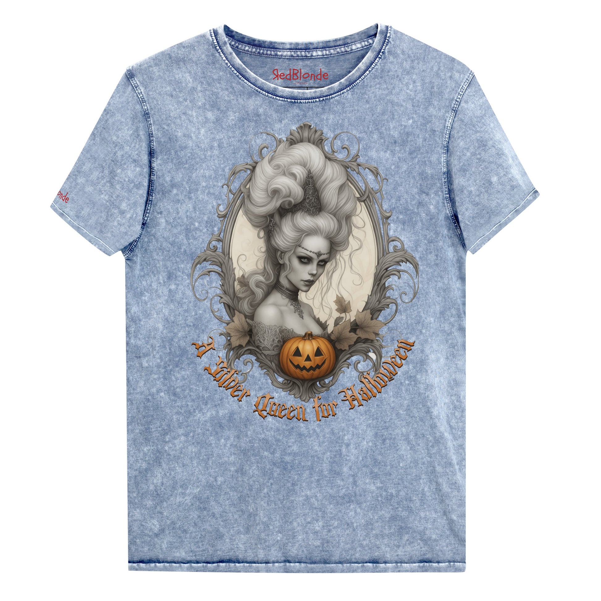 Blue acid-wash unisex T-shirt featuring a gothic-style illustration of a silver-haired woman with an elaborate beehive hairstyle, framed by ornate scrollwork, autumn leaves, and a carved pumpkin. The design is captioned with the text ‘A Silver Queen for Halloween’ in vintage Dark Angle lettering. Branded RedBlonde in red on inside neck and right sleeve