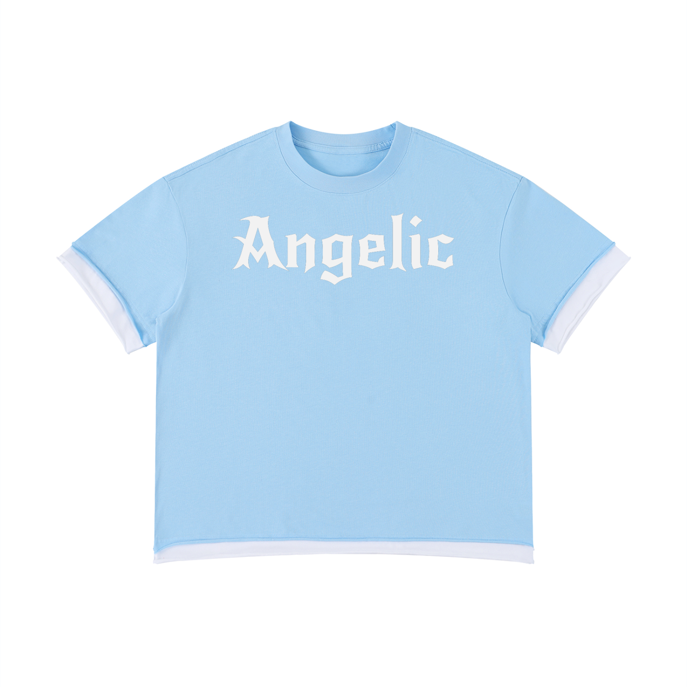 Light blue boxy short sleeve t-shirt with white layered trim and Angelic graphic in New Rocker graphic across the chest.
