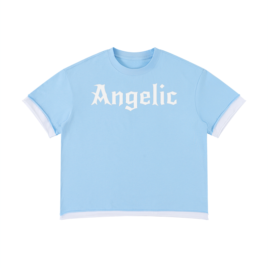 Light blue boxy short sleeve t-shirt with white layered trim and Angelic graphic in New Rocker graphic across the chest.