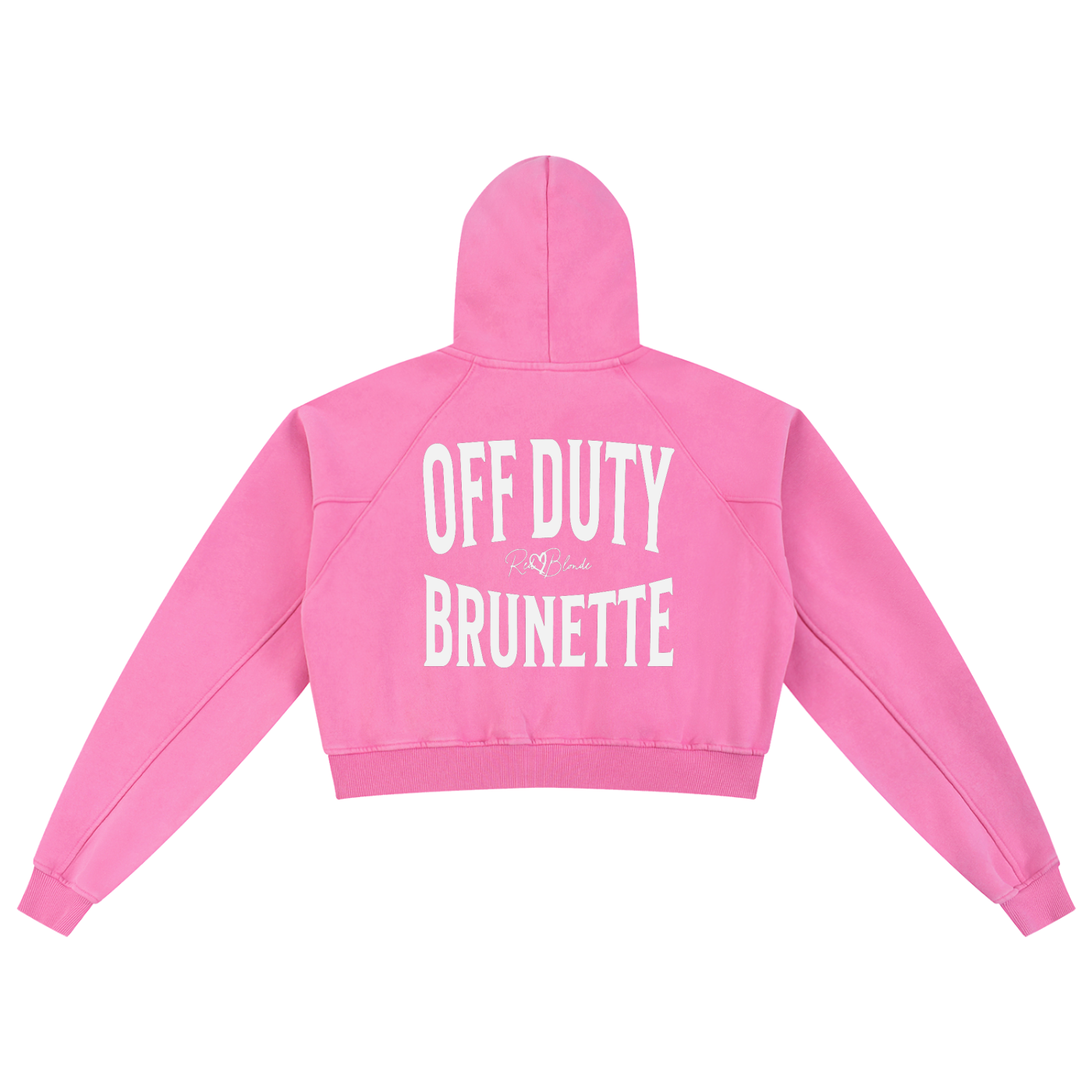 “Back view of a bright pink cropped hoodie with a hood and long sleeves, featuring large white ‘OFF DUTY BRUNETTE' text and a small RedBlonde logo on the back.”