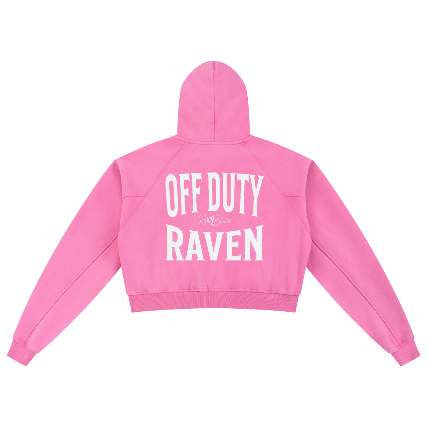 “Back view of a bright pink cropped hoodie with a hood and long sleeves, featuring large white ‘OFF DUTY REDHEAD' text and a small RedBlonde logo on the back.”
