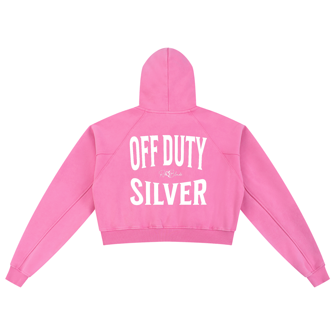 “Back view of a bright pink cropped hoodie with a hood and long sleeves, featuring large black ‘OFF DUTY SILVER' text and a small RedBlonde logo on the back.”