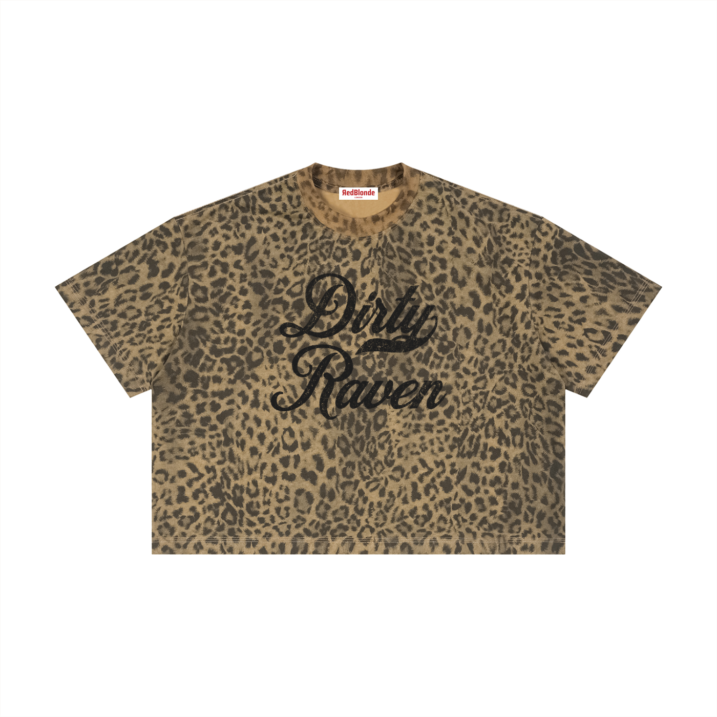 brown boxy T-shirt with an all-over animal print, contrasting ribbed crew neckline, and faded black Dirty Raven Milkstore script graphic across the front.