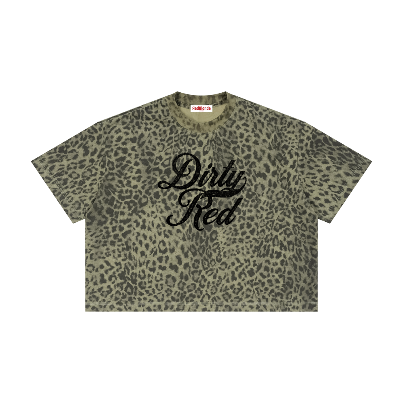 brown/green boxy T-shirt with an all-over animal print, contrasting ribbed crew neckline, and faded black Dirty Red Milkstore script graphic across the front.