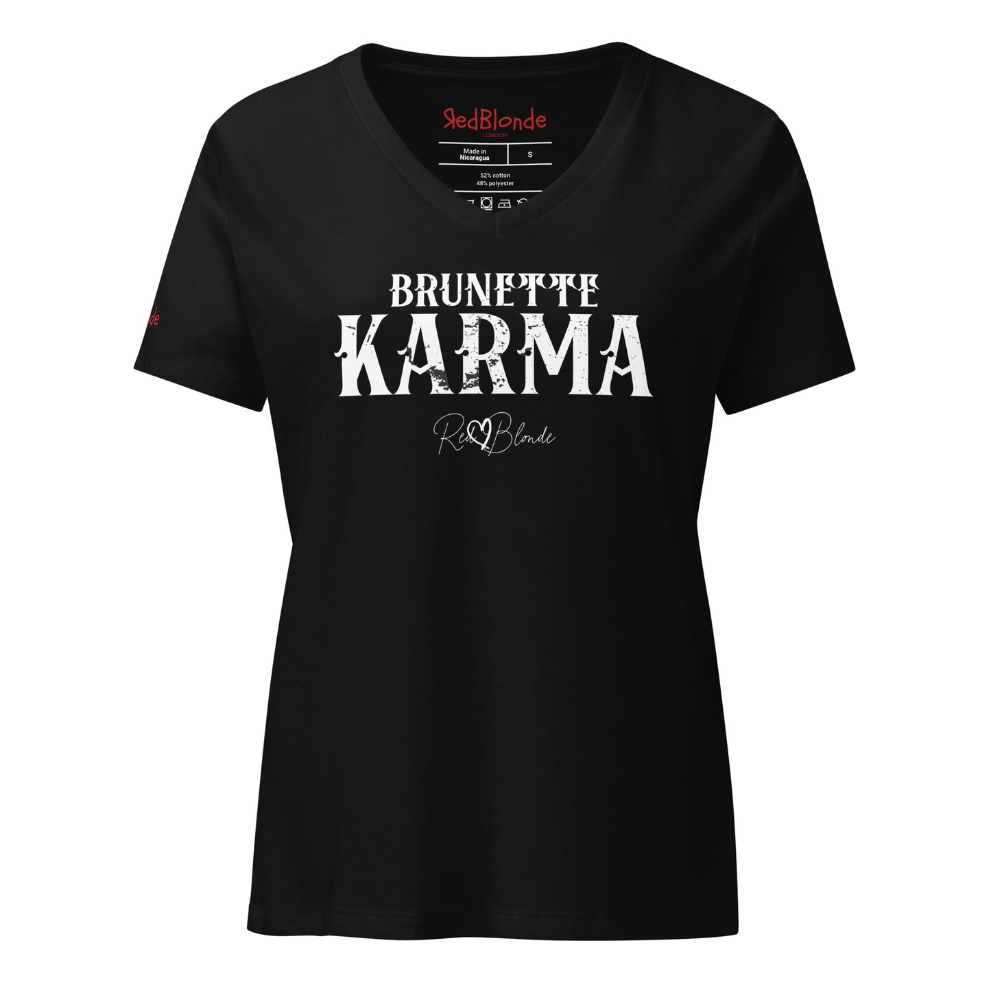 black v-neck women's relaxed fit t-shirt with 'BRUNETTE KARMA' in Aquero white font, signed RedBlonde. Branded RedBlonde in red on inside neck and right sleeve 