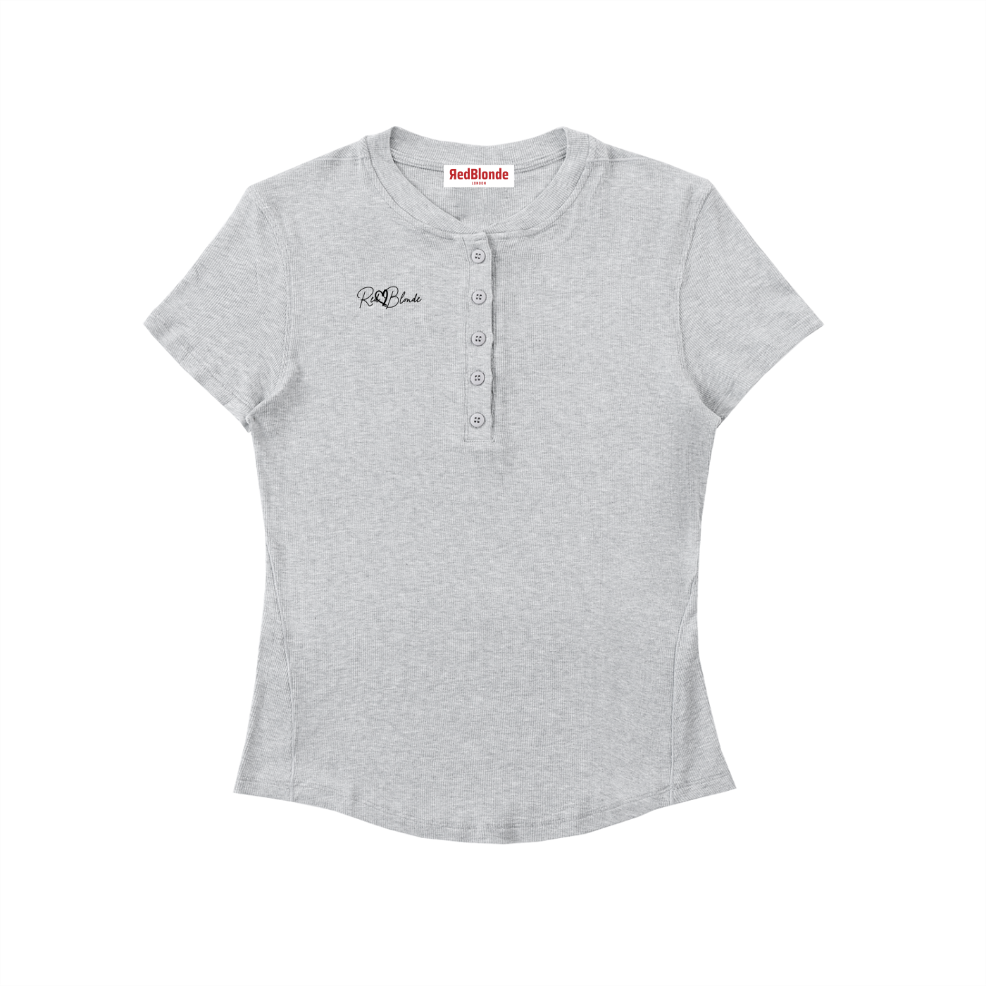 Gray short-sleeve henley shirt with brand logo on a white background
