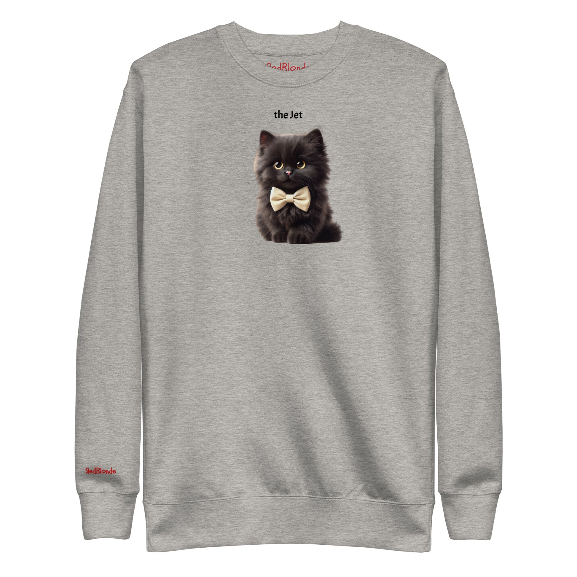 Flatlay of carbon grey relaxed fit unisex hoodie with a cute graphic of a Jet black kitten wearing a bow-tie and the words 'the Jet' linking to Black hair. Branded RedBlonde in red on inside neck and right cuff
