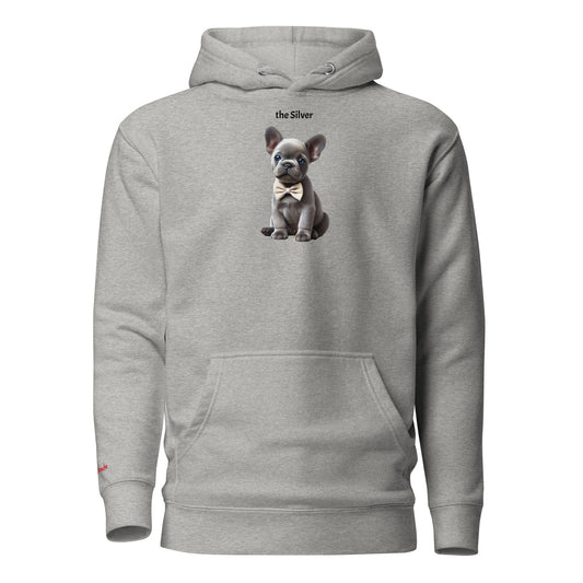 Flatlay of carbon grey relaxed fit unisex hoodie with a cute graphic of a Silver puppy wearing a bow-tie and the words 'the Silver' linking to silver hair. Branded RedBlonde in red on inside neck and right cuff