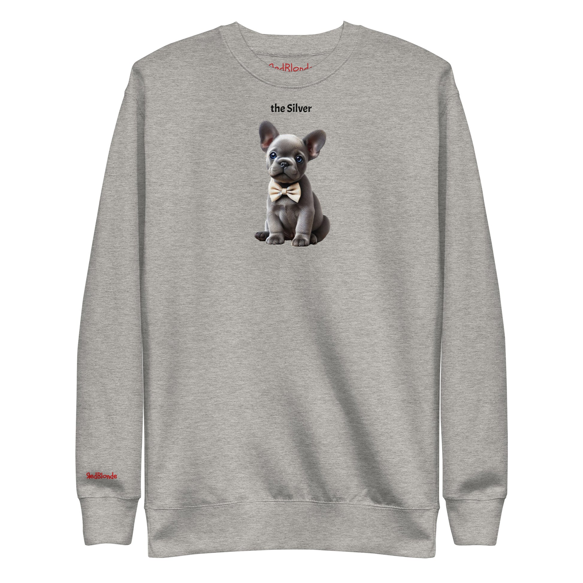 Flatlay of carbon grey relaxed fit unisex sweatshirt with a cute graphic of a Silver puppy wearing a bow-tie and the words 'the Silver' linking to silver hair. Branded RedBlonde in red on inside neck and right cuff