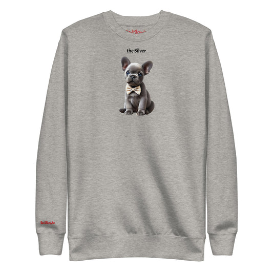 Flatlay of carbon grey relaxed fit unisex sweatshirt with a cute graphic of a Silver puppy wearing a bow-tie and the words 'the Silver' linking to silver hair. Branded RedBlonde in red on inside neck and right cuff