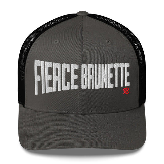 charcoal/black retro trucker cap with bold white embroidered text “Fierce Brunette” across the front, featuring a small red RB logo on the side.