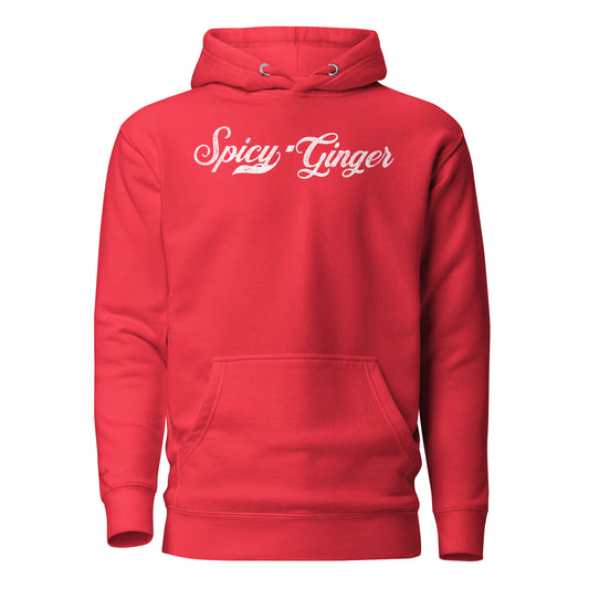 Flatlay of a classic red relaxed fit unisex hoodie with the words 'Spicy Ginger' written in white vintage milkstore font, like coco cola script. Branded RedBlonde London in red on inside neck and right sleeve 