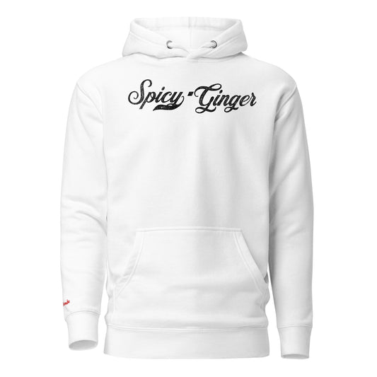 Flatlay of a classic white relaxed fit unisex hoodie with the words 'Spicy Ginger' written in black vintage milkstore font, like coco cola script. Branded RedBlonde London in red on inside neck and right sleeve 