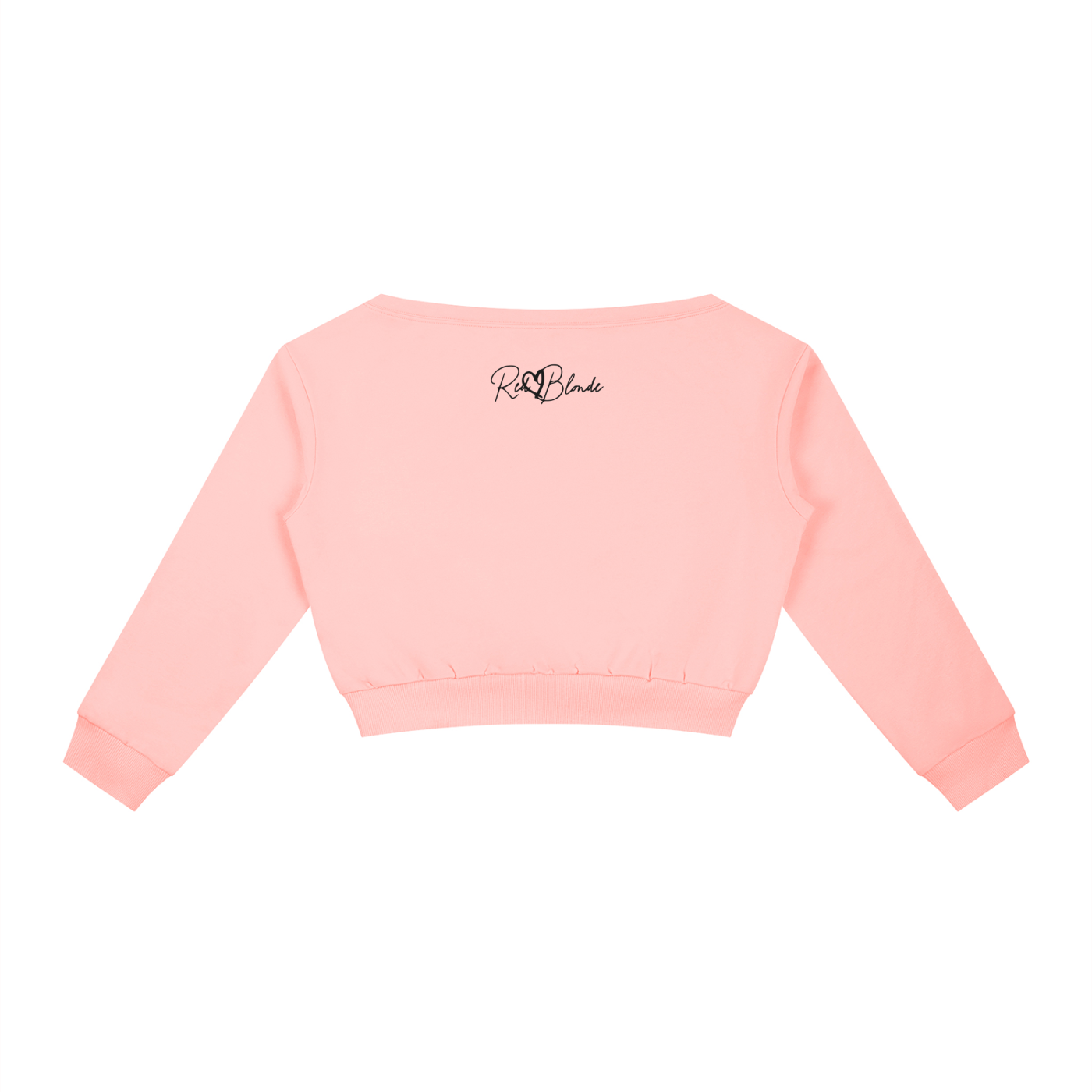coral pink off-the-shoulder cropped sweatshirt with long sleeves, ribbed cuffs and hem, and a small black RedBlonde logo printed at the upper back.