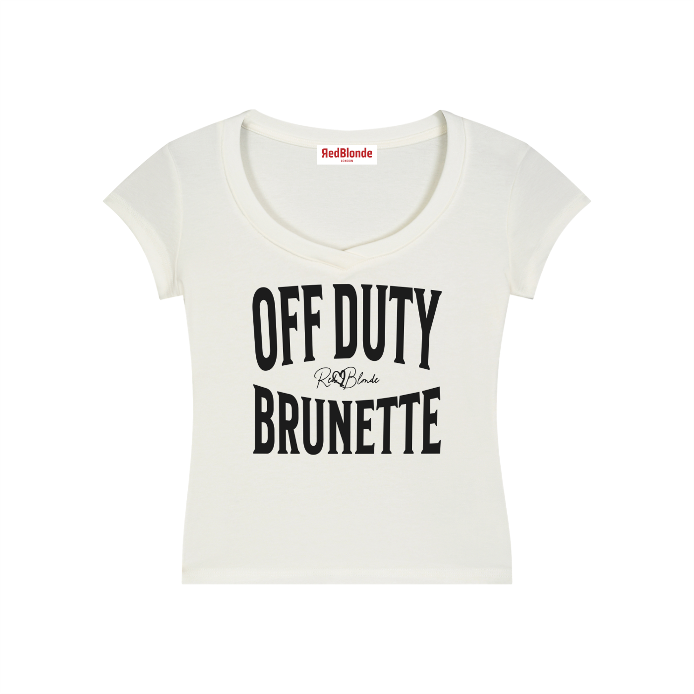 Cream fitted V-neck T-shirt with black ‘OFF DUTY BRUNETTE’ Brookfield text front print, RedBlonde logo detail, and RedBlonde neck label