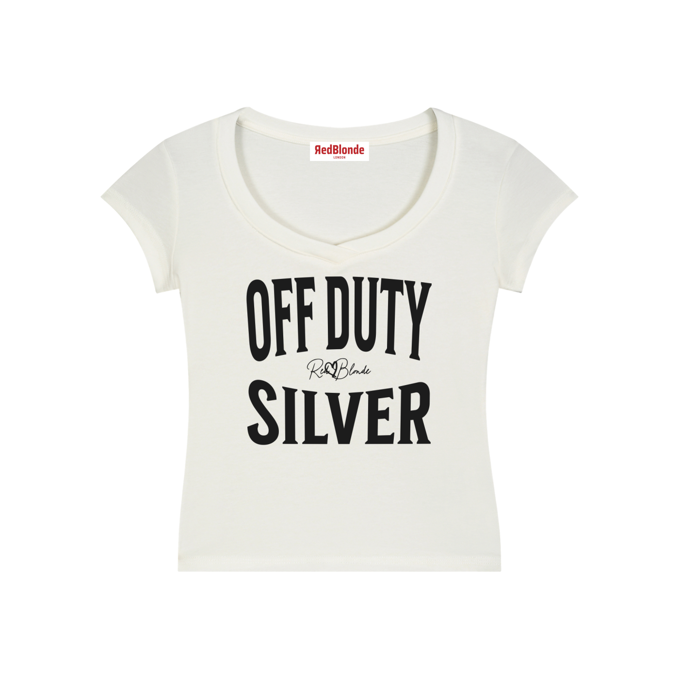 white fitted V-neck T-shirt with black ‘OFF DUTY SILVER’ Brookfield text front print, RedBlonde logo detail, and RedBlonde neck label