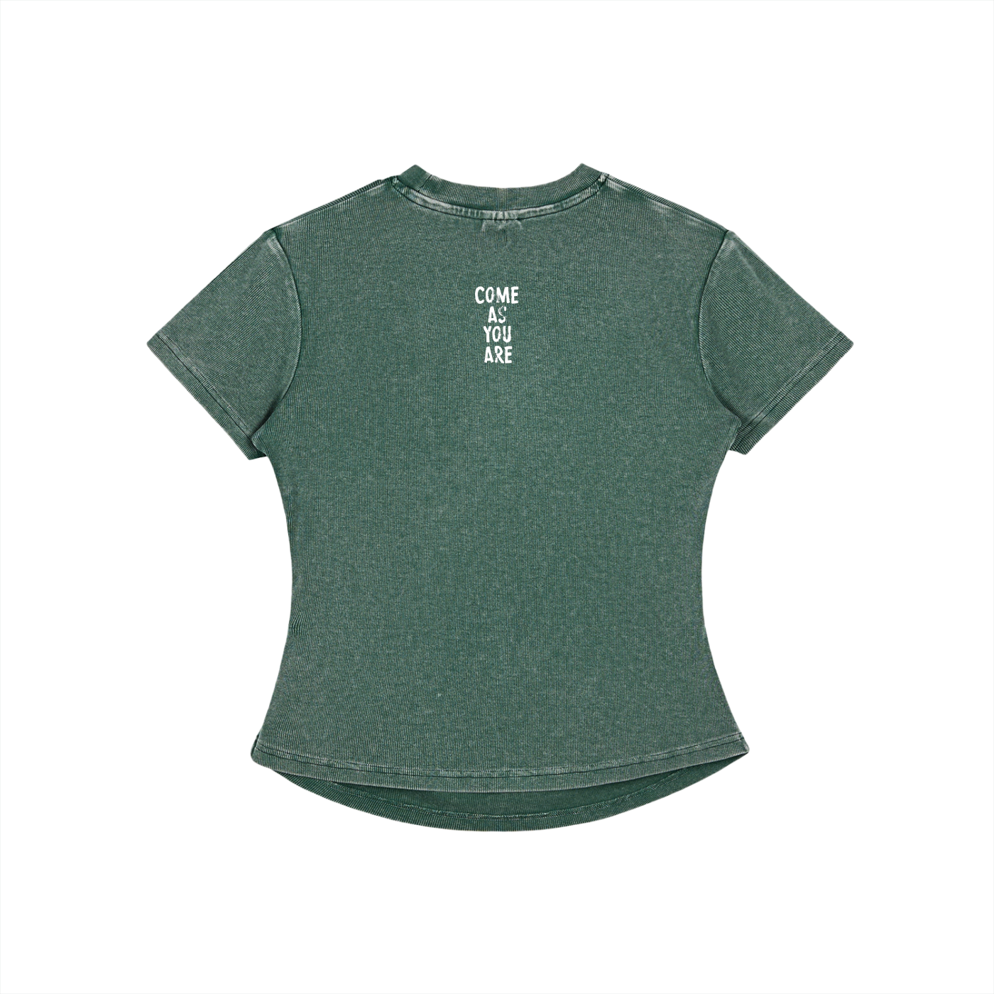 Green t-shirt with 'COME AS YOU ARE' text on a white background