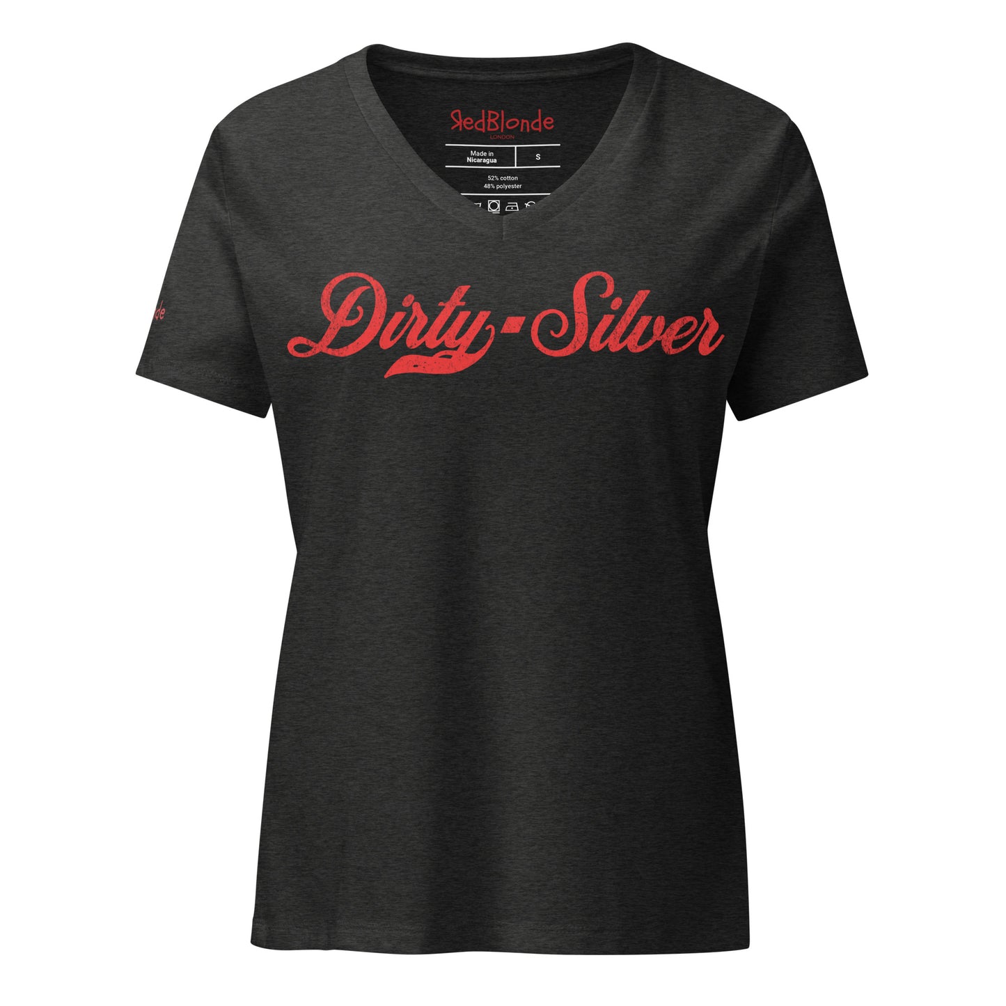 Flatlay of a dark grey relaxed fit V-neck t-shirt with “Dirty Silver” written in vintage Coca-Cola red script on the front. branded redblonde on the inside neck and right shoulder in red 