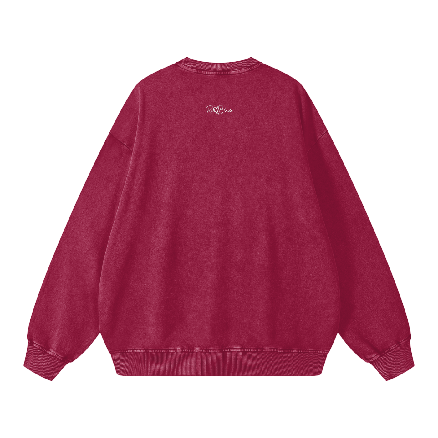 Red sweatshirt with white text and graphics on a white background