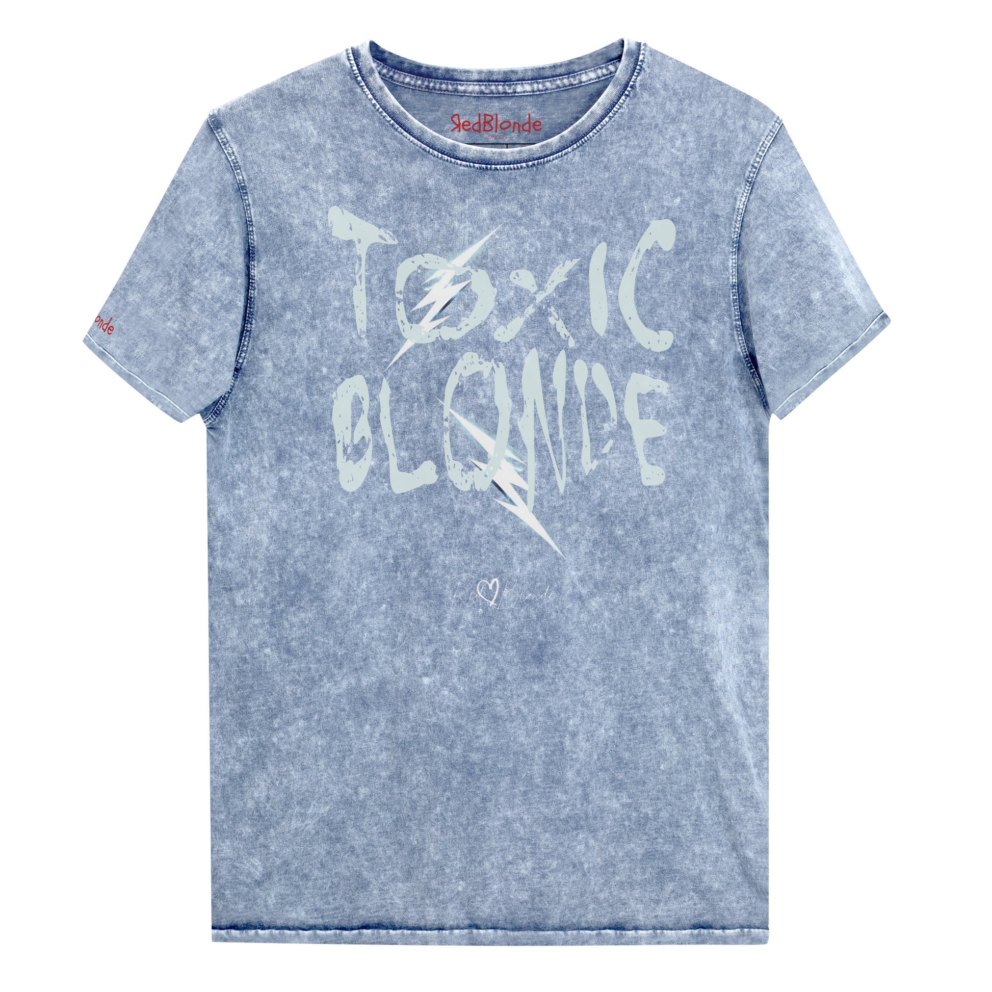 Denim Blue acid-wash denim-style unisex t-shirt with the bold graphic text “TOXIC BLONDE” in distressed light blue Chainsaw Carnage lettering across the front, featuring the RedBlonde logo subtly printed below the text. Branded RedBlonde in red in inside neck and right sleeve