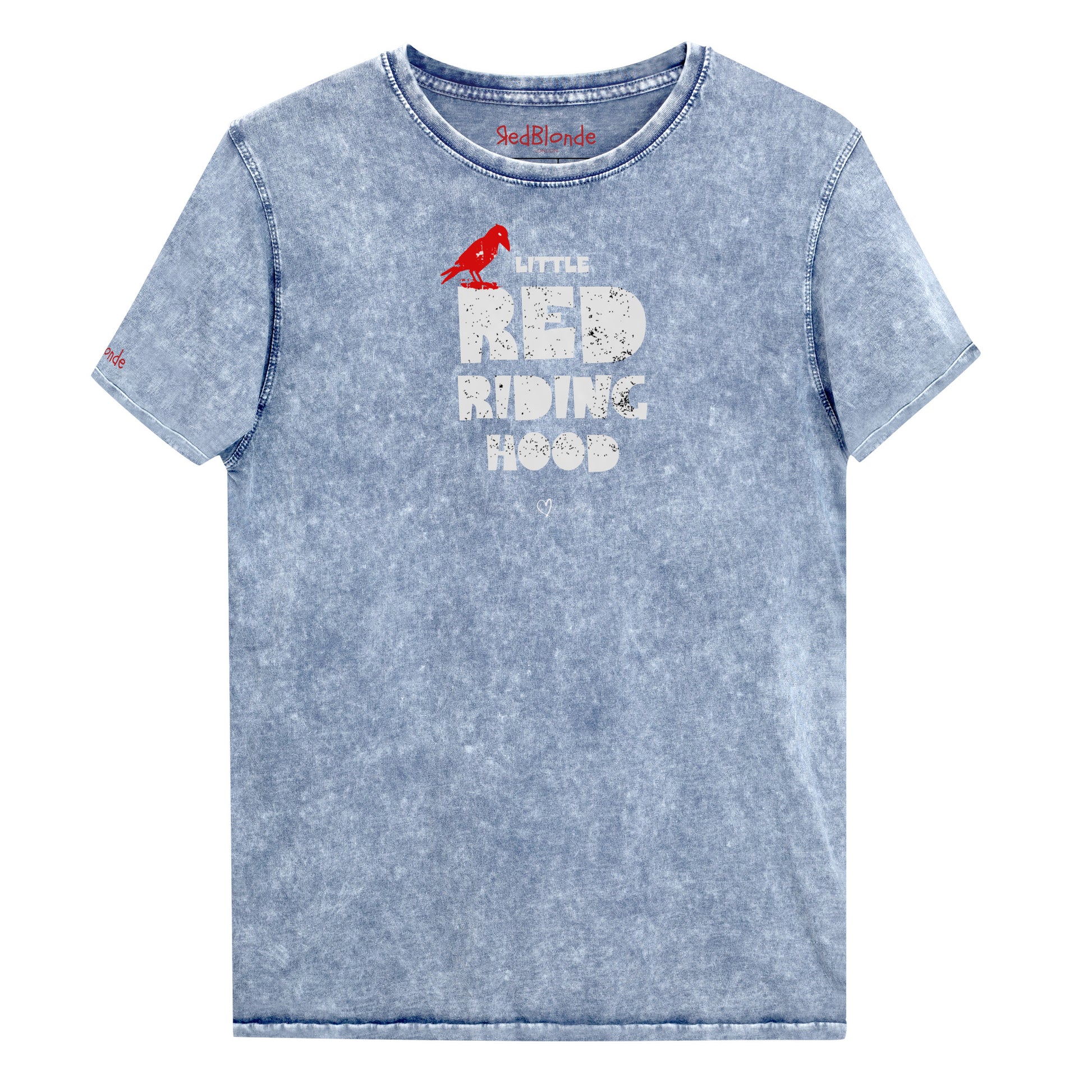 denim blue vintage acid wash denim look unisex t-shirt featuring bold distressed Love Birds font in white reading “Little Red Riding Hood” with a small red lack crow perched on the word “Little,” and the RedBlonde signature logo below. Branded RedBlonde London on inside neck and right sleeve