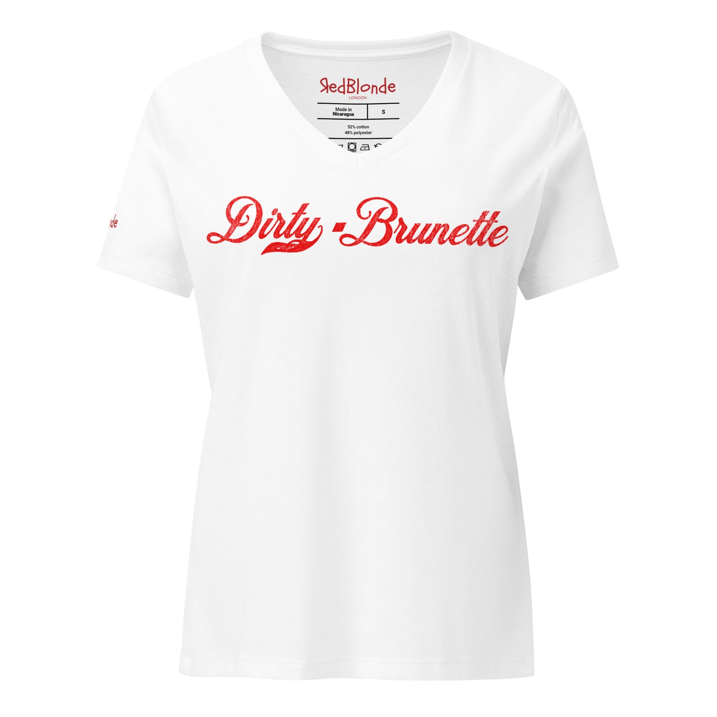 flatlay of a white relaxed fit V-neck t-shirt with “Dirty Brunette” written in vintage Coca-Cola red script on the front. Branded RedBlonde on inside neck and right shoulder in red