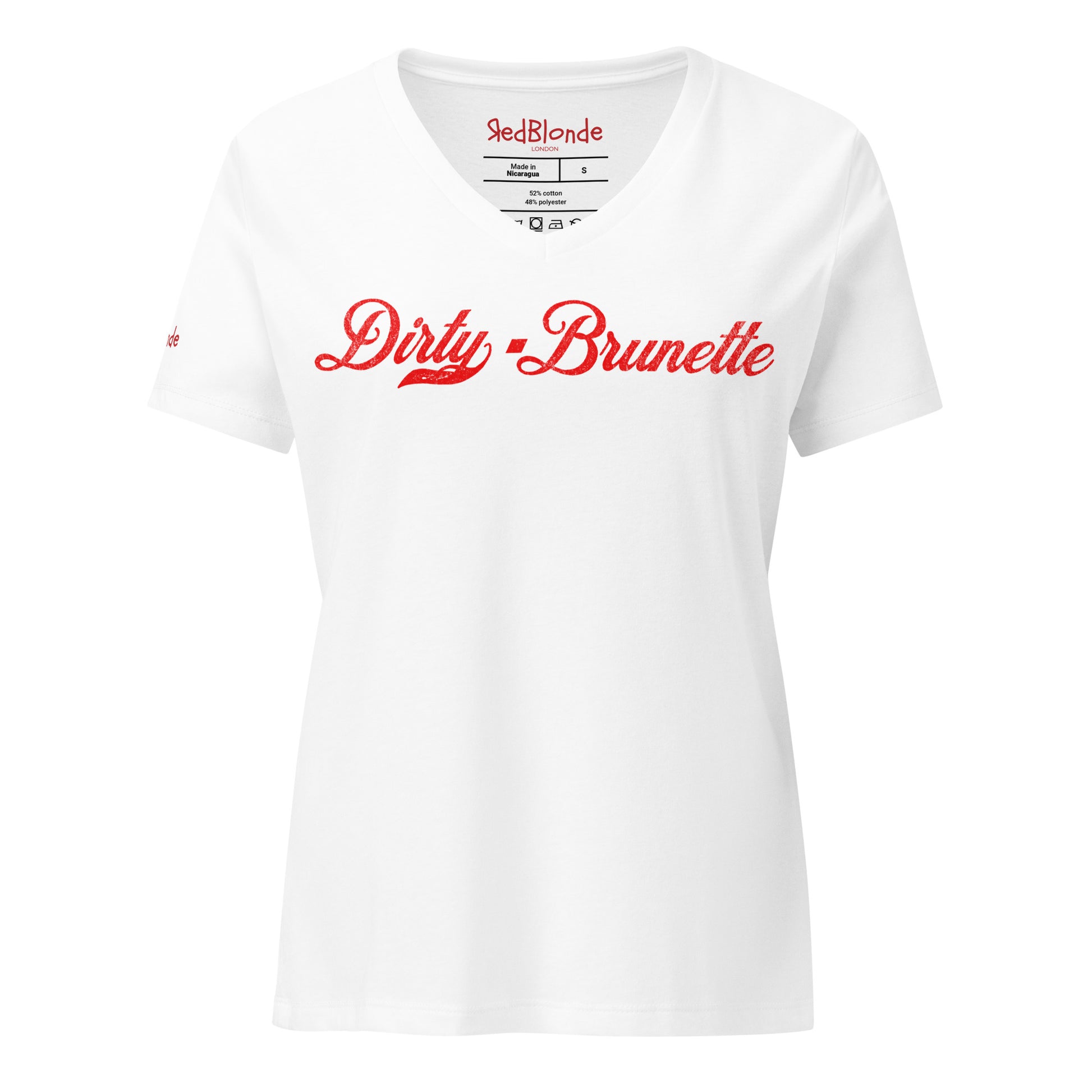 flatlay of a white relaxed fit V-neck t-shirt with “Dirty Brunette” written in vintage Coca-Cola red script on the front. Branded RedBlonde on inside neck and right shoulder in red