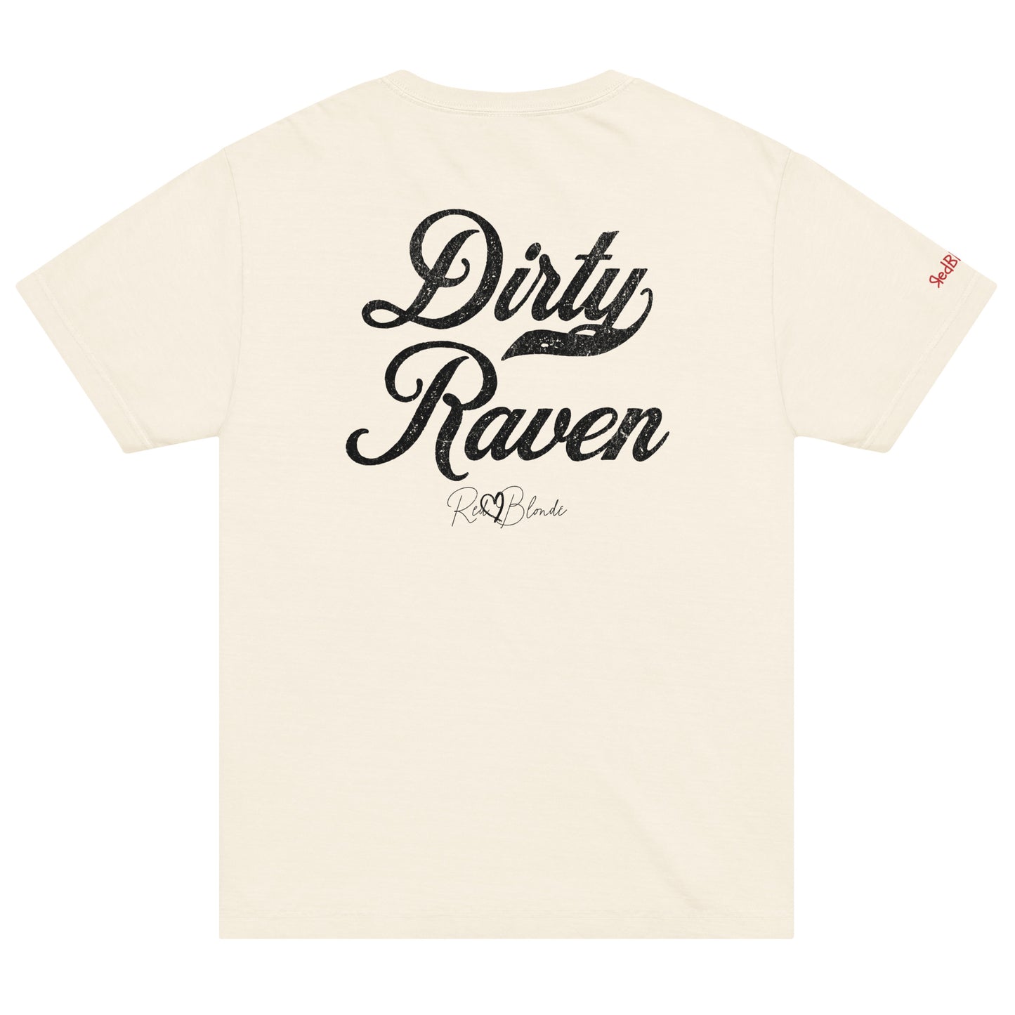 Back view of a off-white vintage wash oversized unisex T-shirt with bold black Milkstore 01 vintage-style script reading “Dirty Raven” and the RedBlonde signature logo beneath, plus a small RedBlonde logo detail on the right sleeve. 