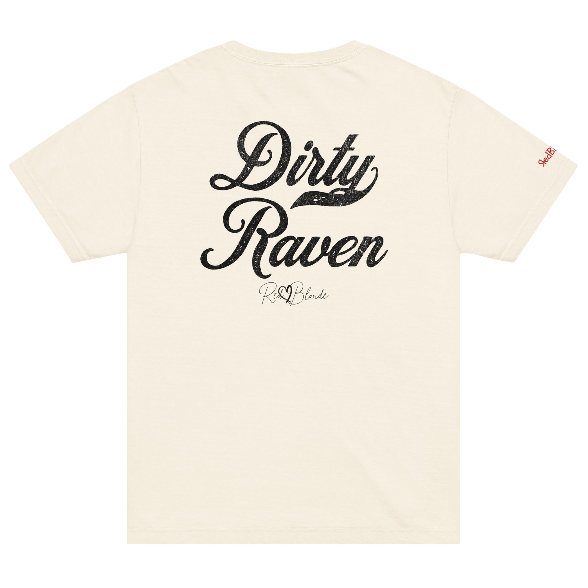 Back view of a off-white vintage wash oversized unisex T-shirt with bold black Milkstore 01 vintage-style script reading “Dirty Raven” and the RedBlonde signature logo beneath, plus a small RedBlonde logo detail on the right sleeve. 