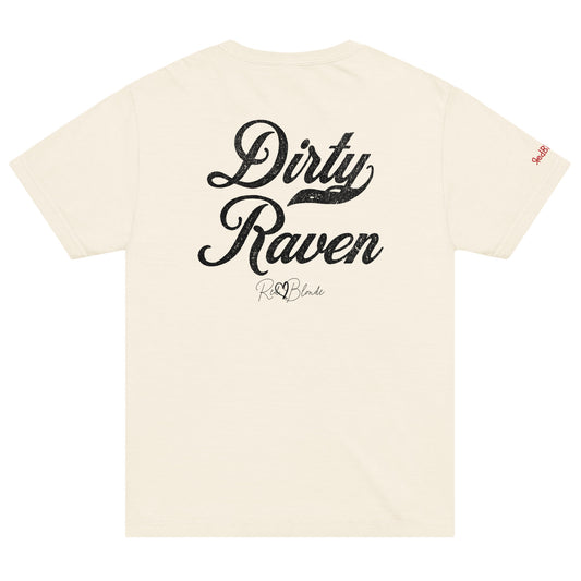 Back view of a off-white vintage wash oversized unisex T-shirt with bold black Milkstore 01 vintage-style script reading “Dirty Raven” and the RedBlonde signature logo beneath, plus a small RedBlonde logo detail on the right sleeve. 