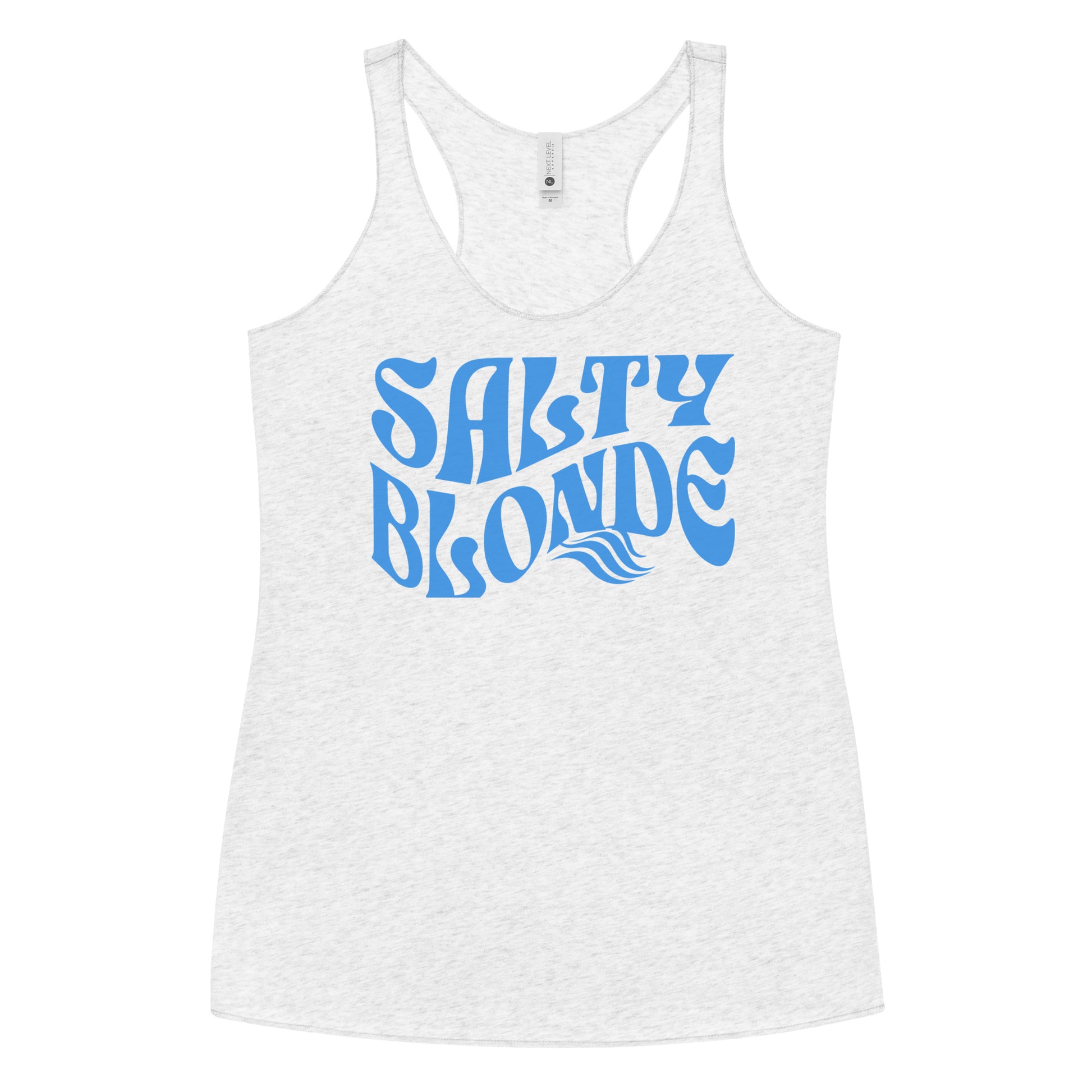 Flatlay of a heather white soft racerback tank t-shirt with 'Salty Blonde' play on words slogan in blue retro 70s wavy font.  Branded RedBlonde on reverse