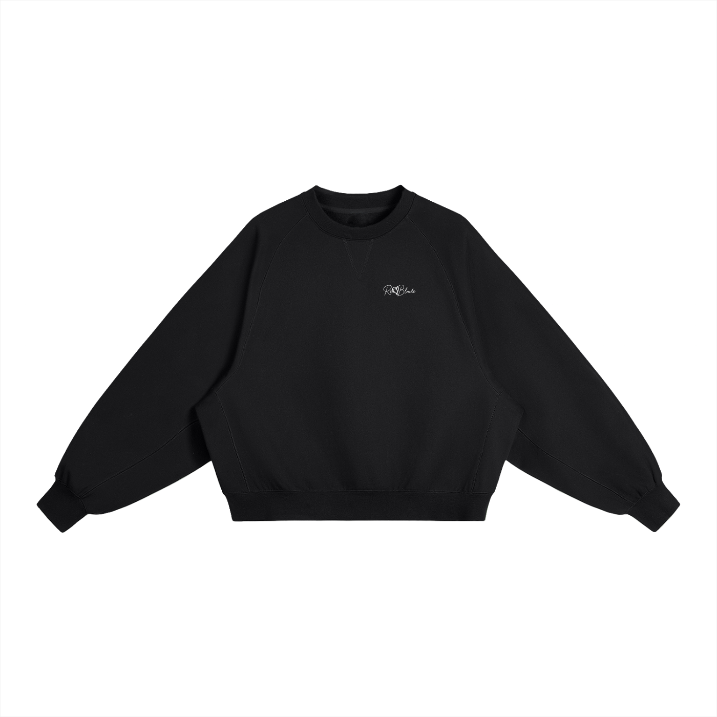 Black sweatshirt with a small logo on a white background