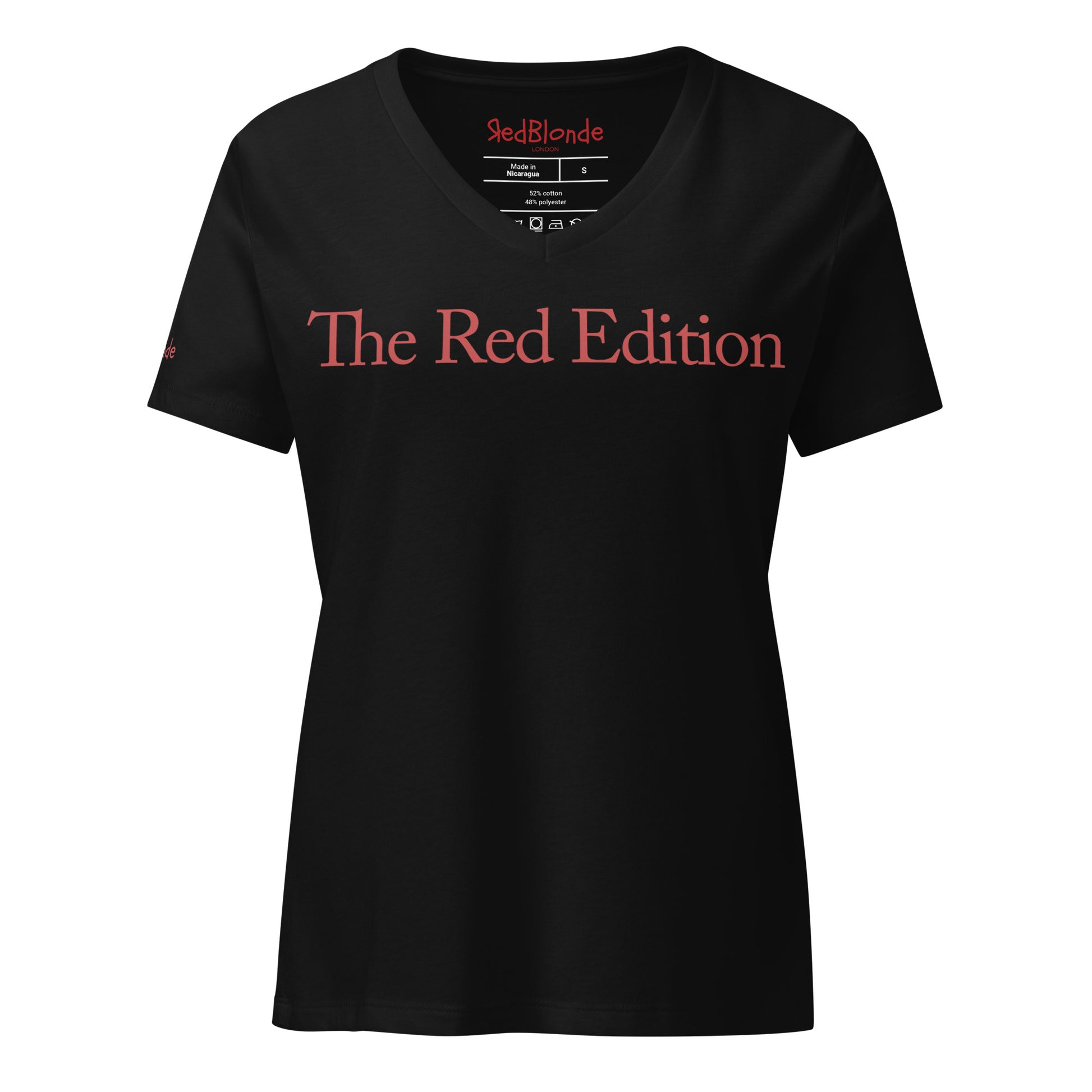 flatlay a relaxed but slightly fitted black v-neck t-shirt with the words 'The Red Edition' in red. Branded RedBlonde in red on the inside neck and right sleeve