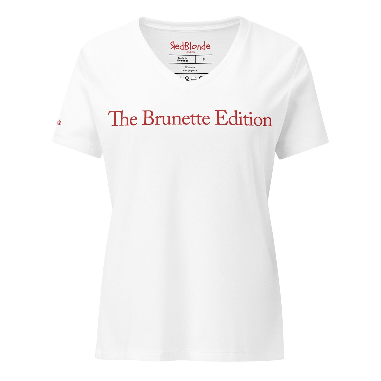 flatlay a relaxed but slightly fitted white v-neck t-shirt with the words 'The Brunette Edition' in red. Branded RedBlonde in red on the inside neck and right sleeve