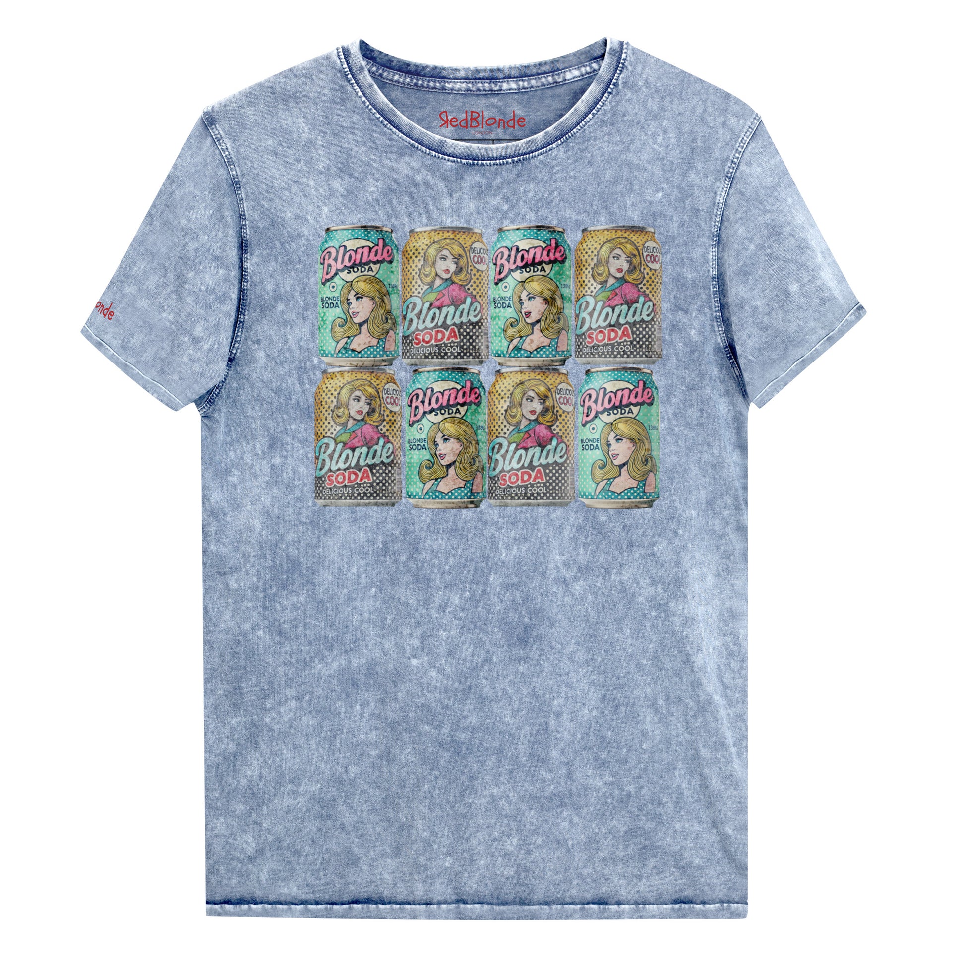 A flatlay relaxed vintage blue denim-wash t-shirt with an Andy Warhol inspired pop-art graphic of stacked 'Blonde Soda' cans. Branded RedBlonde London in red on the inside neck and right sleeve