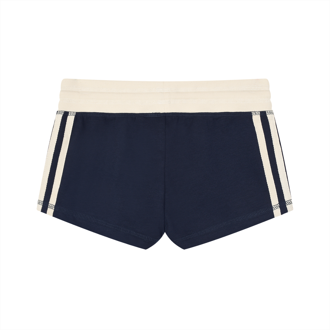 Navy shorts with white stripes on a white background