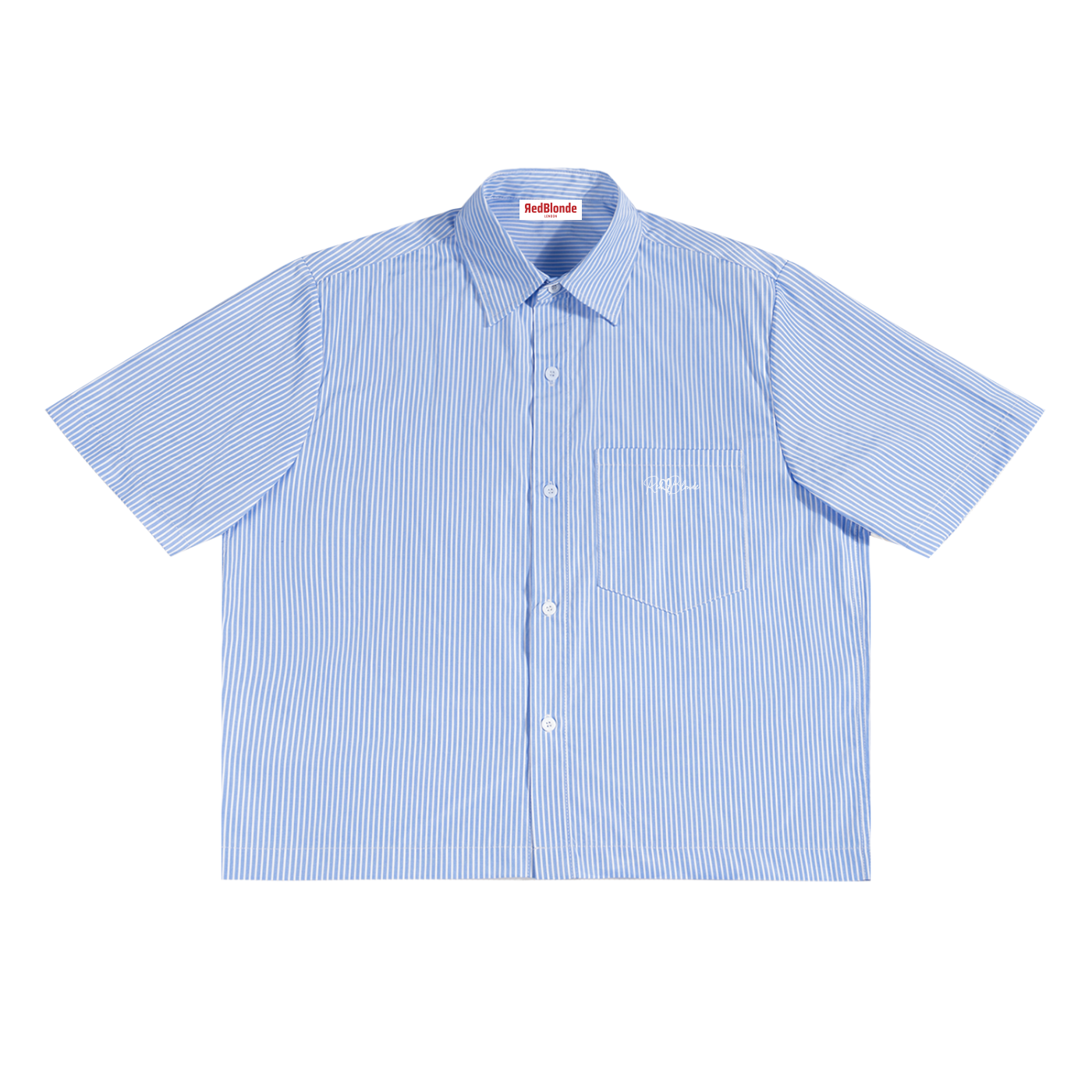 Blue and white striped short-sleeve shirt on a white background