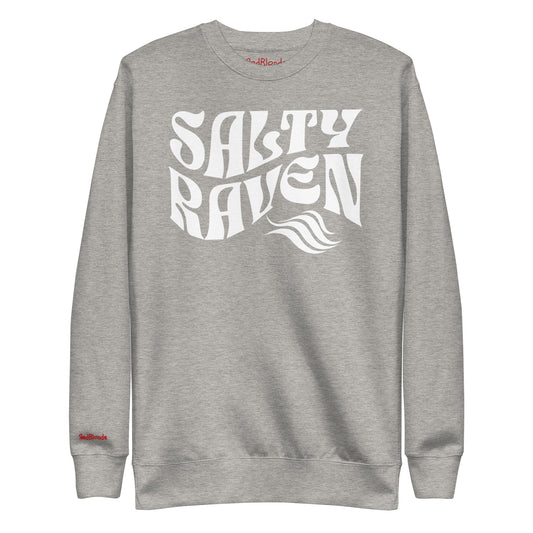 flatlay of Classic relaxed fit unisex sweatshirt in light gray with 'Salty Raven' play on words slogan in blue retro wavy 70s text. Branded RedBlonde on inside neck and right cuff in red