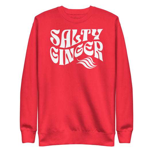 flatlay of Classic relaxed fit unisex sweatshirt in red with 'Salty Ginger' in white Solino Display retro 70s wavy text. Branded RedBlonde London in red on inside neck and right cuff