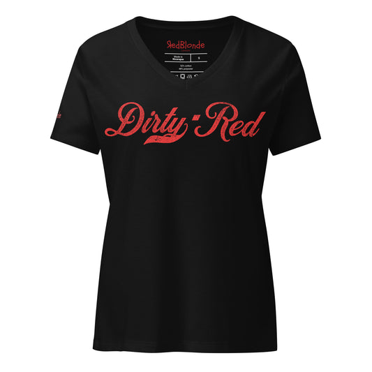 flatlay of a black relaxed fit V-neck t-shirt with “Dirty Red” written in vintage Coca-Cola red milkstore script on the front. Branded RedBlonde on inside neck and right shoulder in red