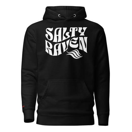 flatlay of a black unisex relaxed fit hoodie with the slogan 'Salty Raven' in white retro 70s wavy font. Branded RedBlonde in red on inside neck and right sleeve. Branded RedBlonde London in red on inside neck and right cuff