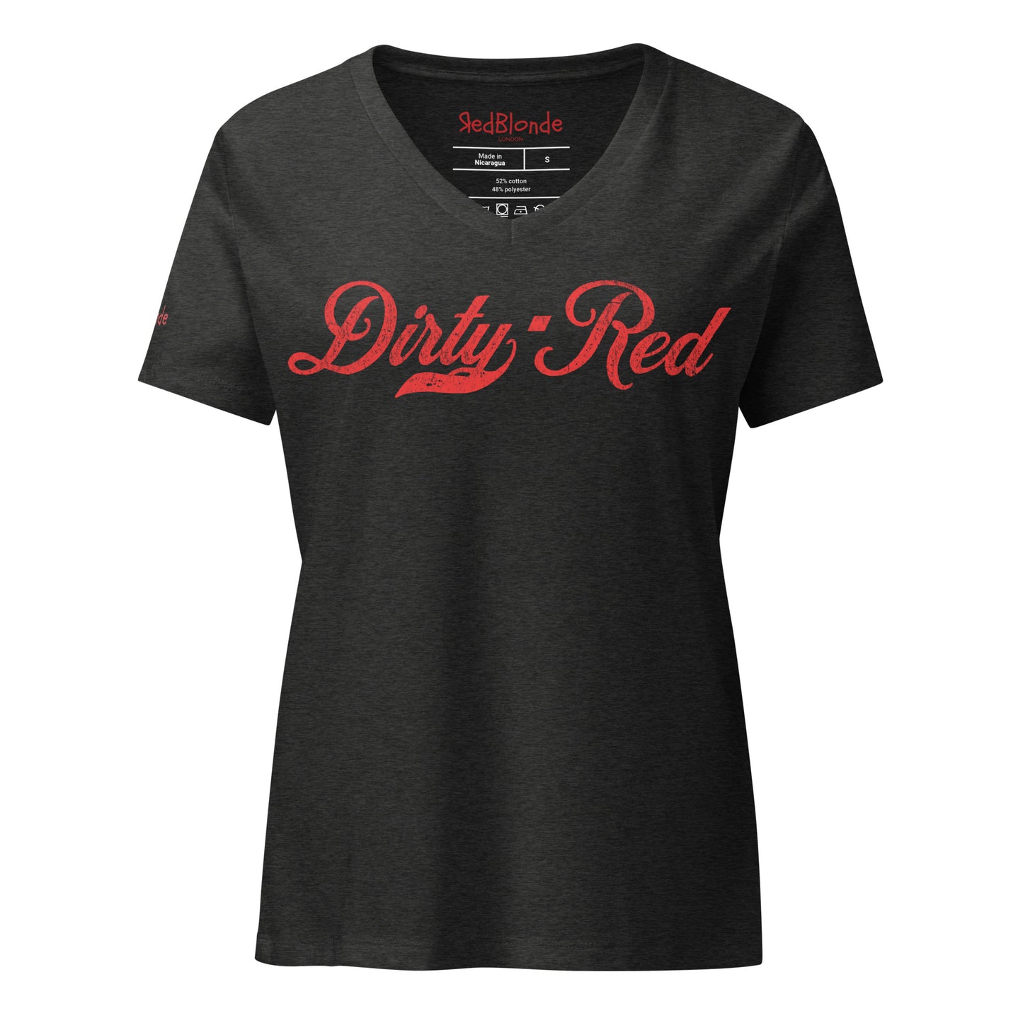 flatlay of a dark grey relaxed fit V-neck t-shirt with “Dirty Red” written in vintage Coca-Cola red milkstore script on the front. Branded RedBlonde on inside neck and right shoulder in red
