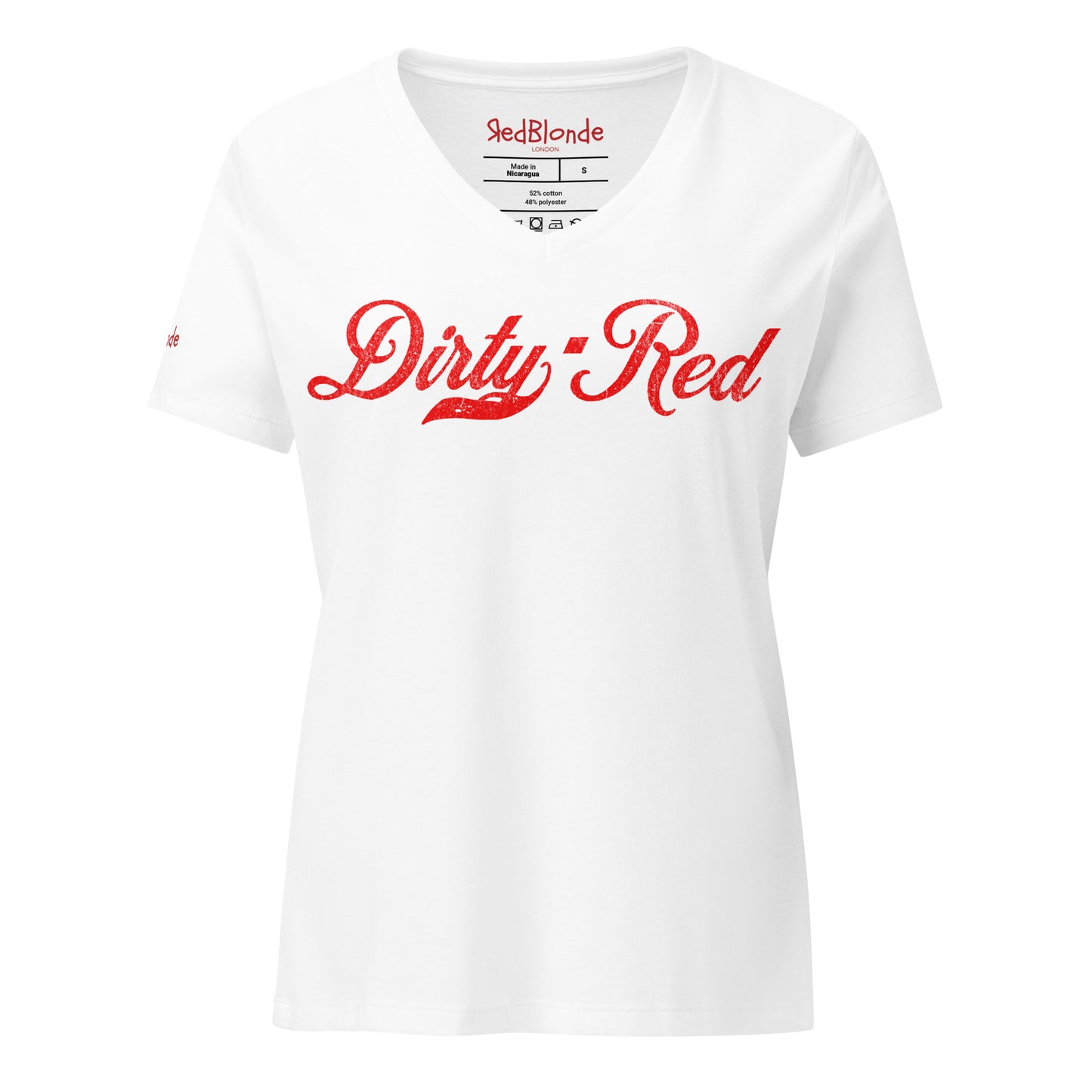 flatlay of a white relaxed fit V-neck t-shirt with “Dirty Red” written in vintage Coca-Cola red milkstore script on the front. Branded RedBlonde on inside neck and right shoulder in red