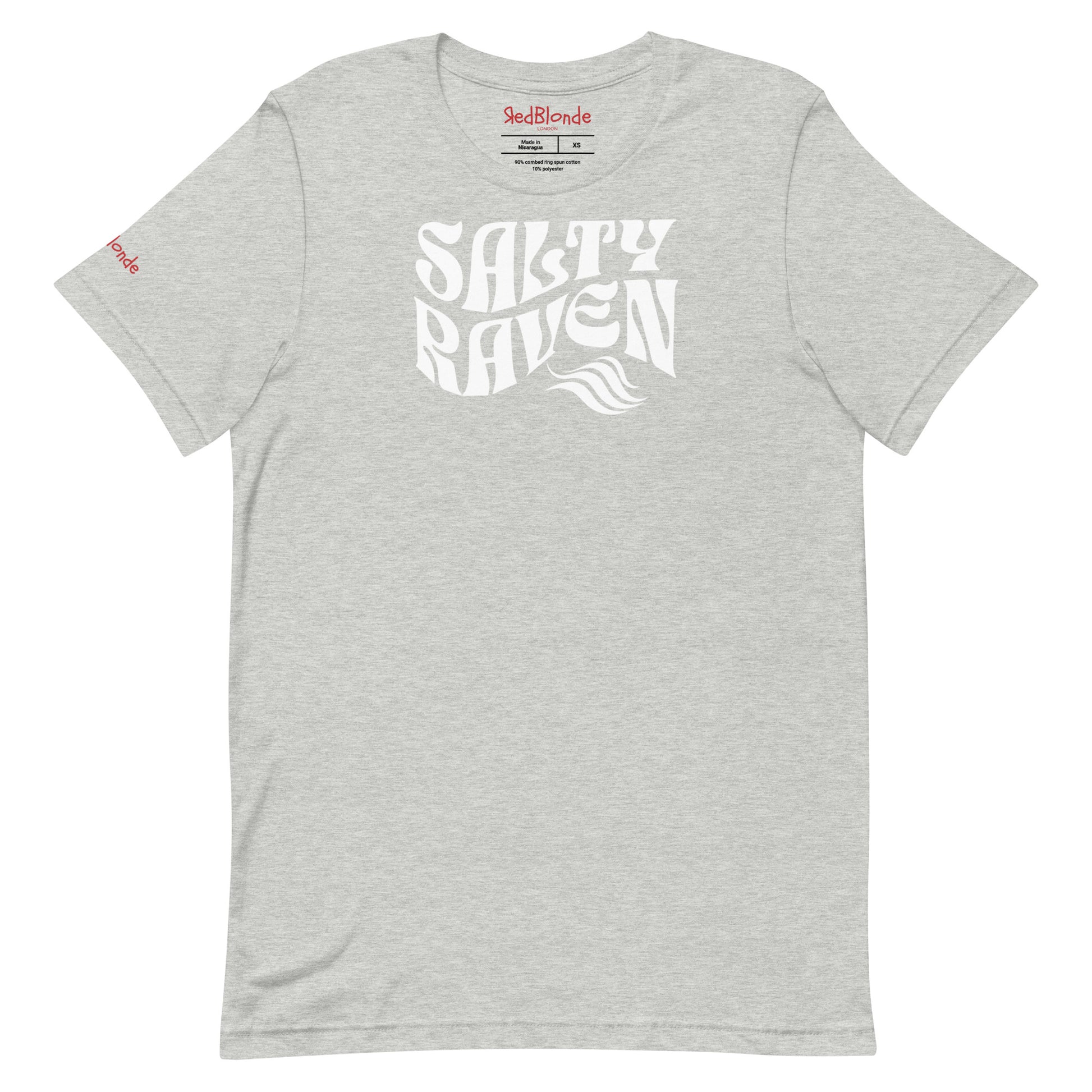 flatlay of gray classic unisex graphic t-shirt with the slogan 'Salty Raven' in Solino Display white retro 70s wavy font. Branded RedBlonde in red on inside neck and right sleeve