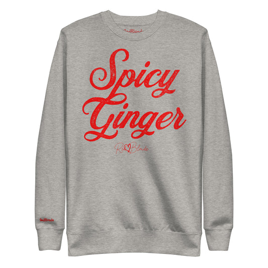 flatlay of grey Classic relaxed fit premium unisex sweatshirt with the playful slogan ‘Spicy Ginger’ in red milk-store font, signed off RedBlonde. Branded RedBlonde London in red on inside neck and right cuff