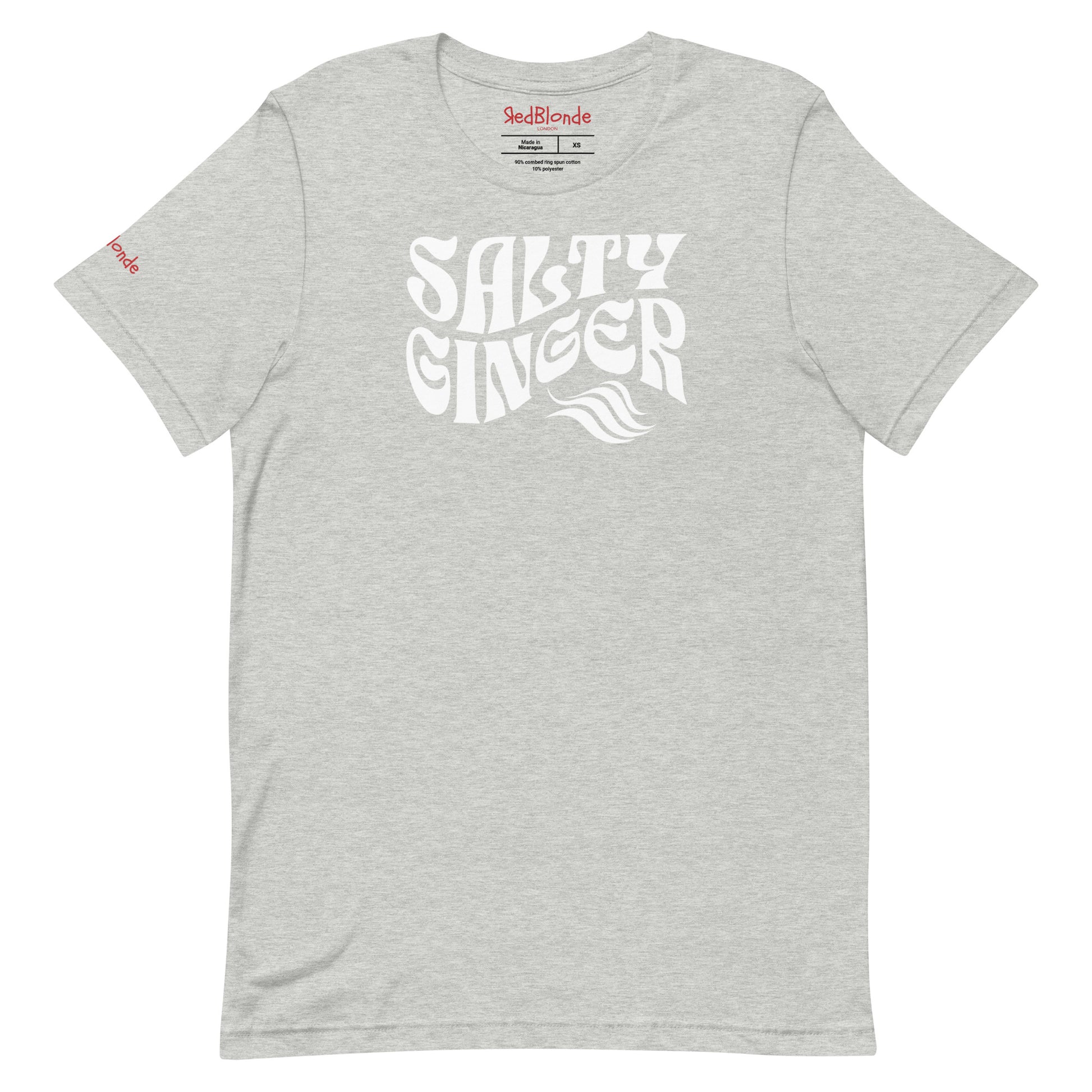 flatlay of light gray classic unisex graphic t-shirt with the slogan 'Salty Ginger' in Solino Display white retro 70s wavy font. Branded RedBlonde in red on inside neck and right sleeve