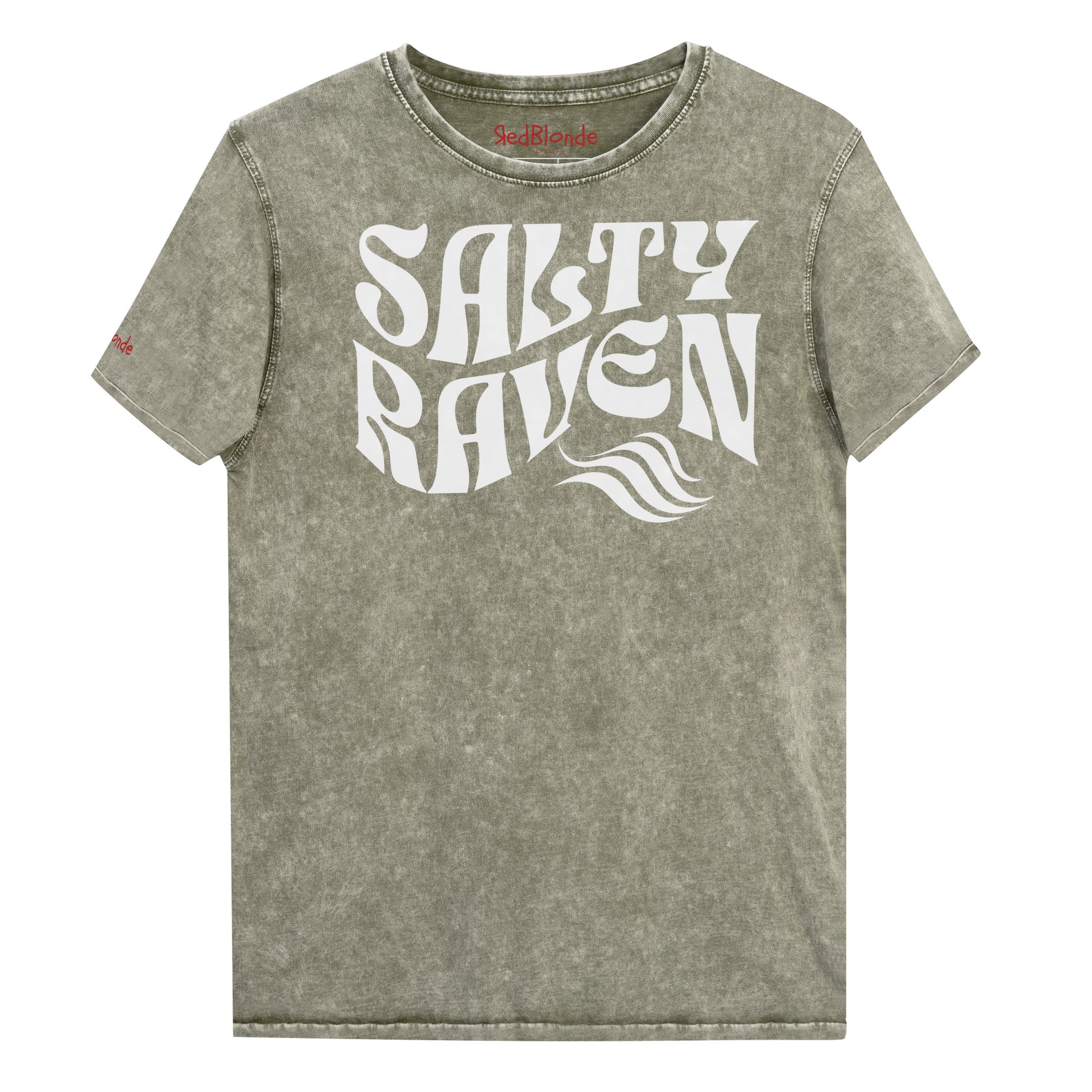 flatlay of unisex relaxed fit soft army green denim wash vintage  graphic t-shirt with the slogan 'Salty Raven' in white retro 70s wavy font. Branded RedBlonde in red on inside neck and right sleeve