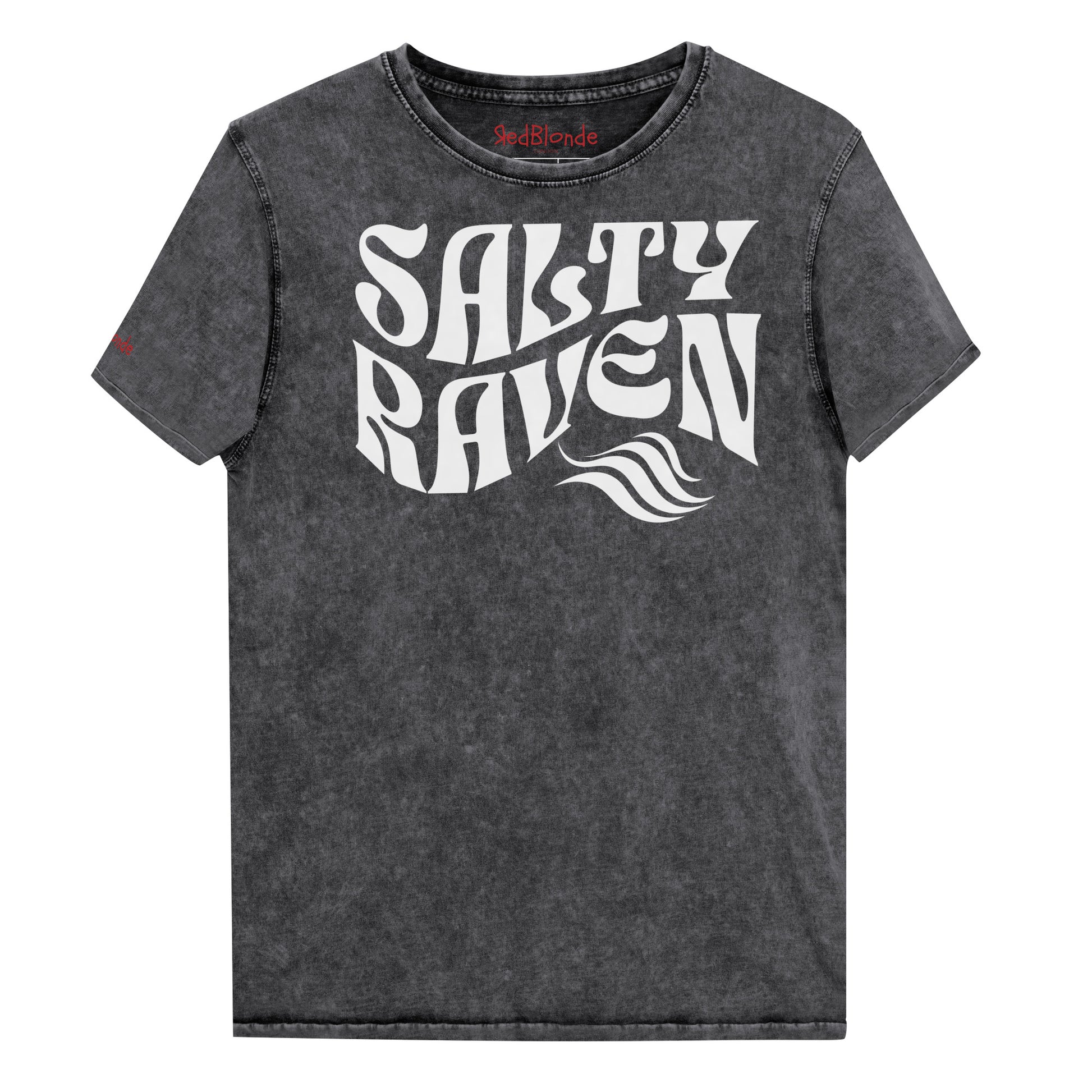 flatlay of unisex relaxed fit soft vintage black denim wash vintage  graphic t-shirt with the slogan 'Salty Raven' in white retro 70s wavy font. Branded RedBlonde in red on inside neck and right sleeve