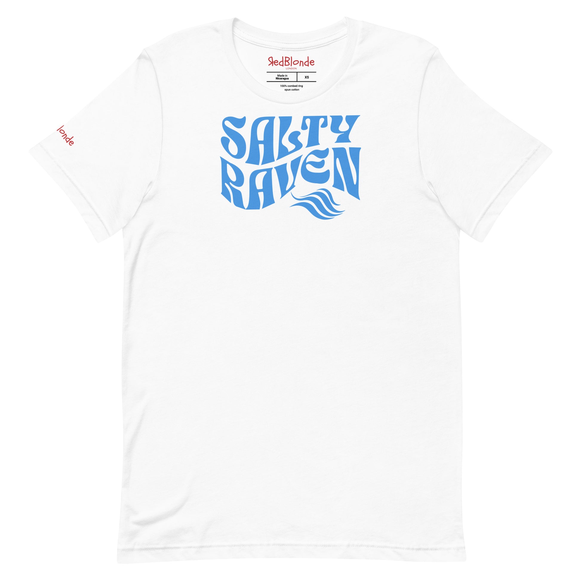 flatlay of white classic unisex graphic t-shirt with the slogan 'Salty Raven' in Solino Display blue retro 70s wavy font. Branded RedBlonde in red on inside neck and right sleeve
